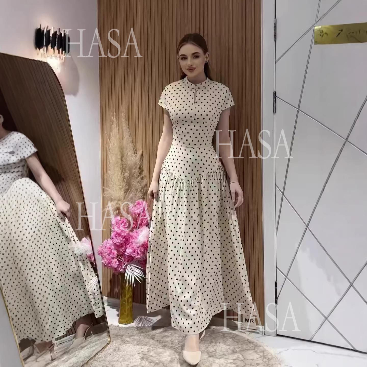 HS6740 Chic Polka Dot Long Dress High Neck Short Sleeve Waisted Maxi Dress