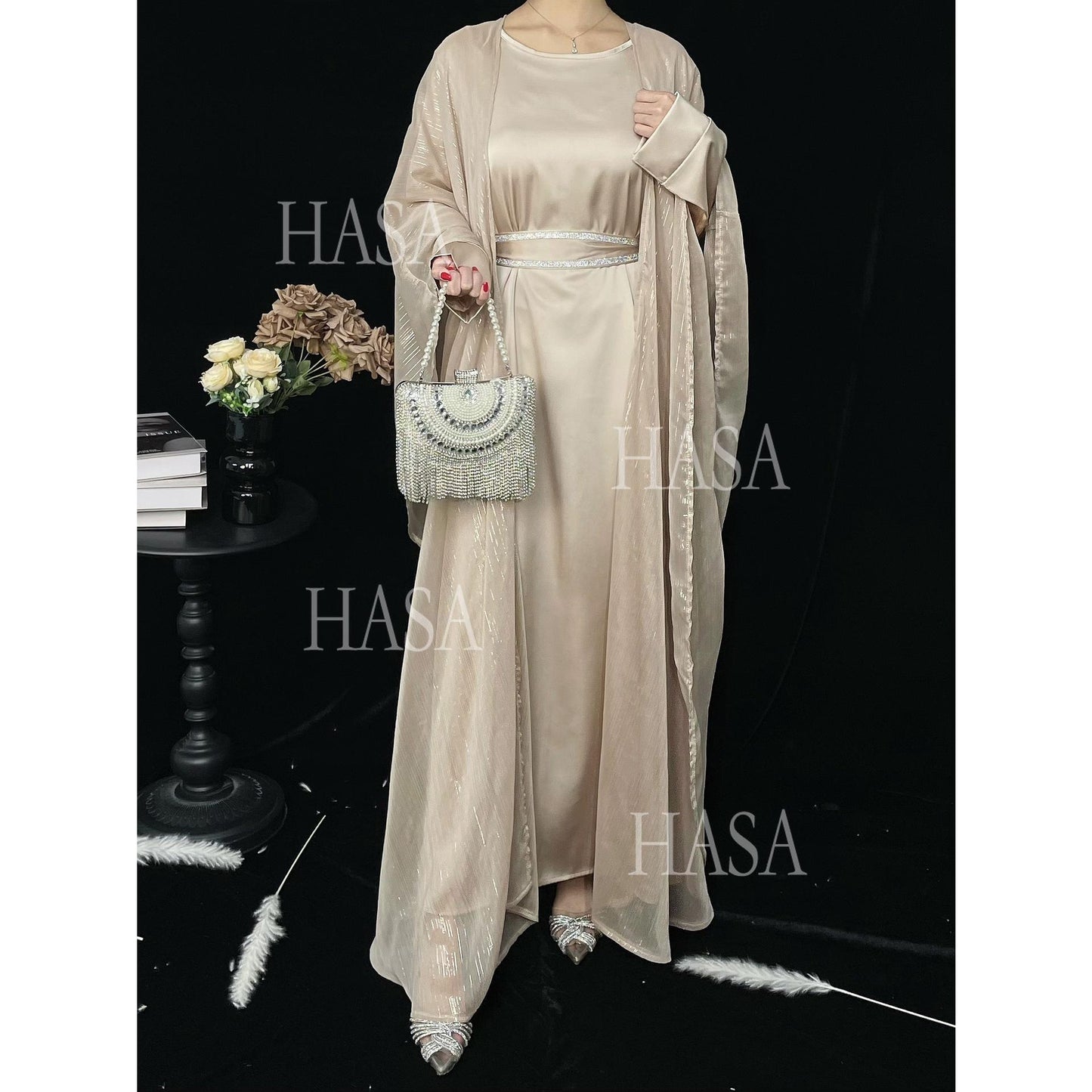 HS6571 Gold embellished long Abaya skirt set