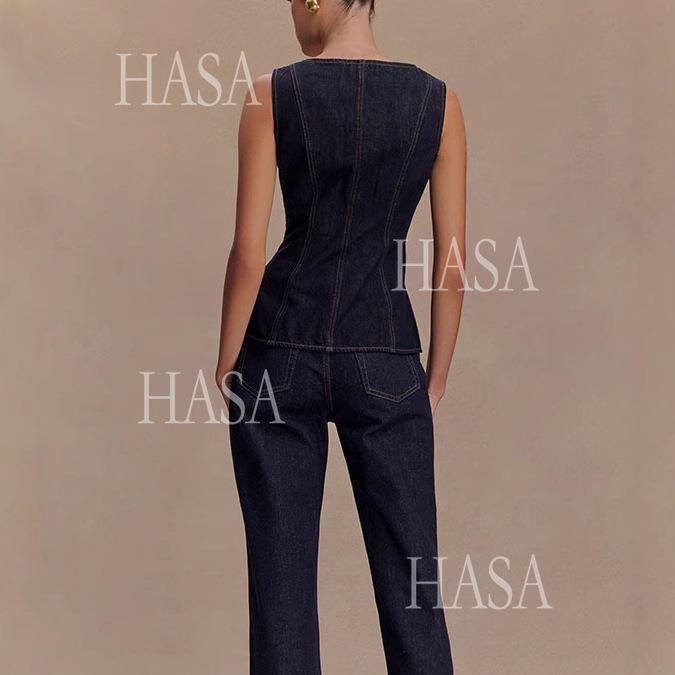 HASA HS6253 Trendy Structured Denim Co Ord Set with Gold Button Detail