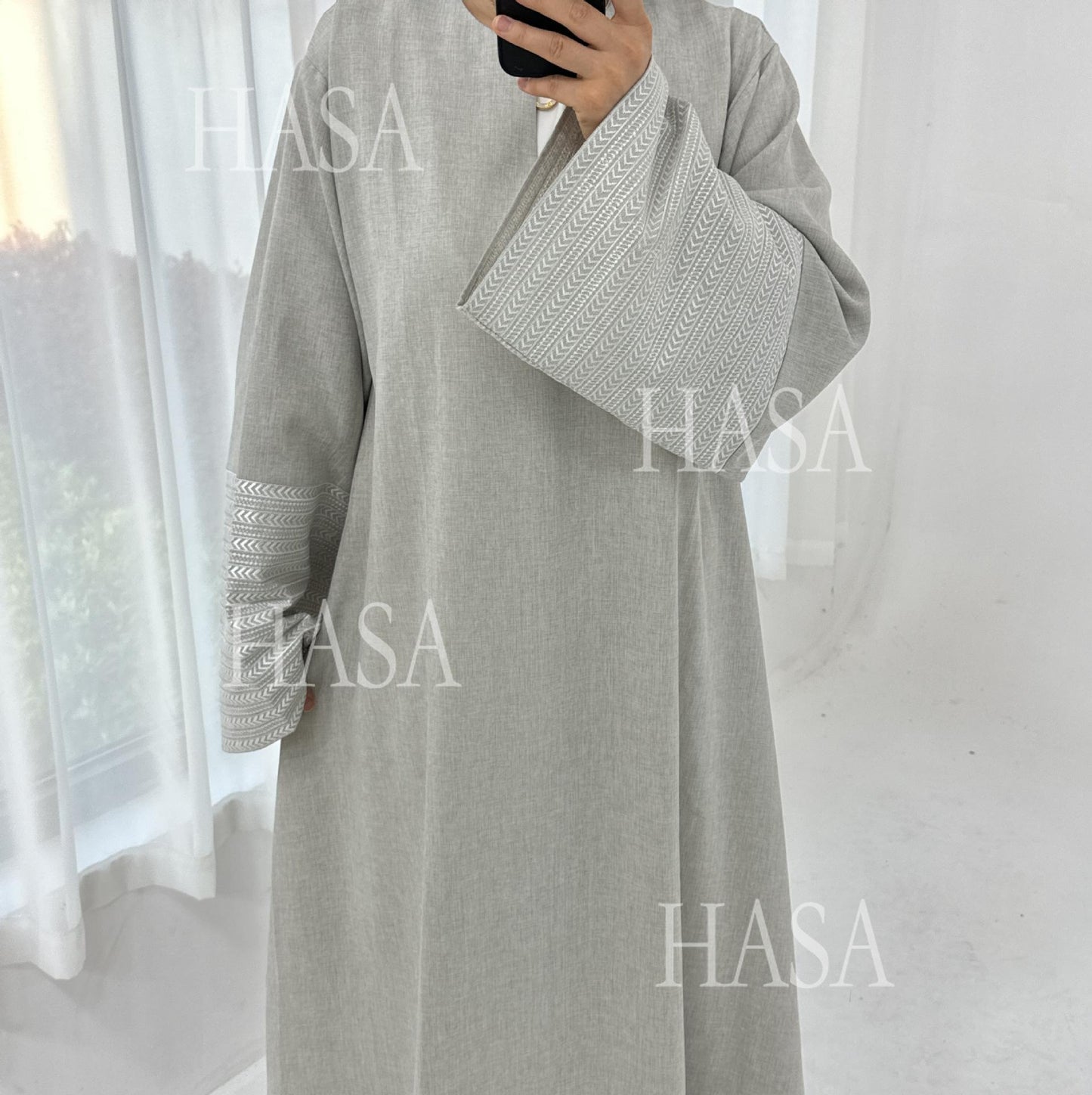 HS6490 Embroidered Panel Sleeve Long Dress