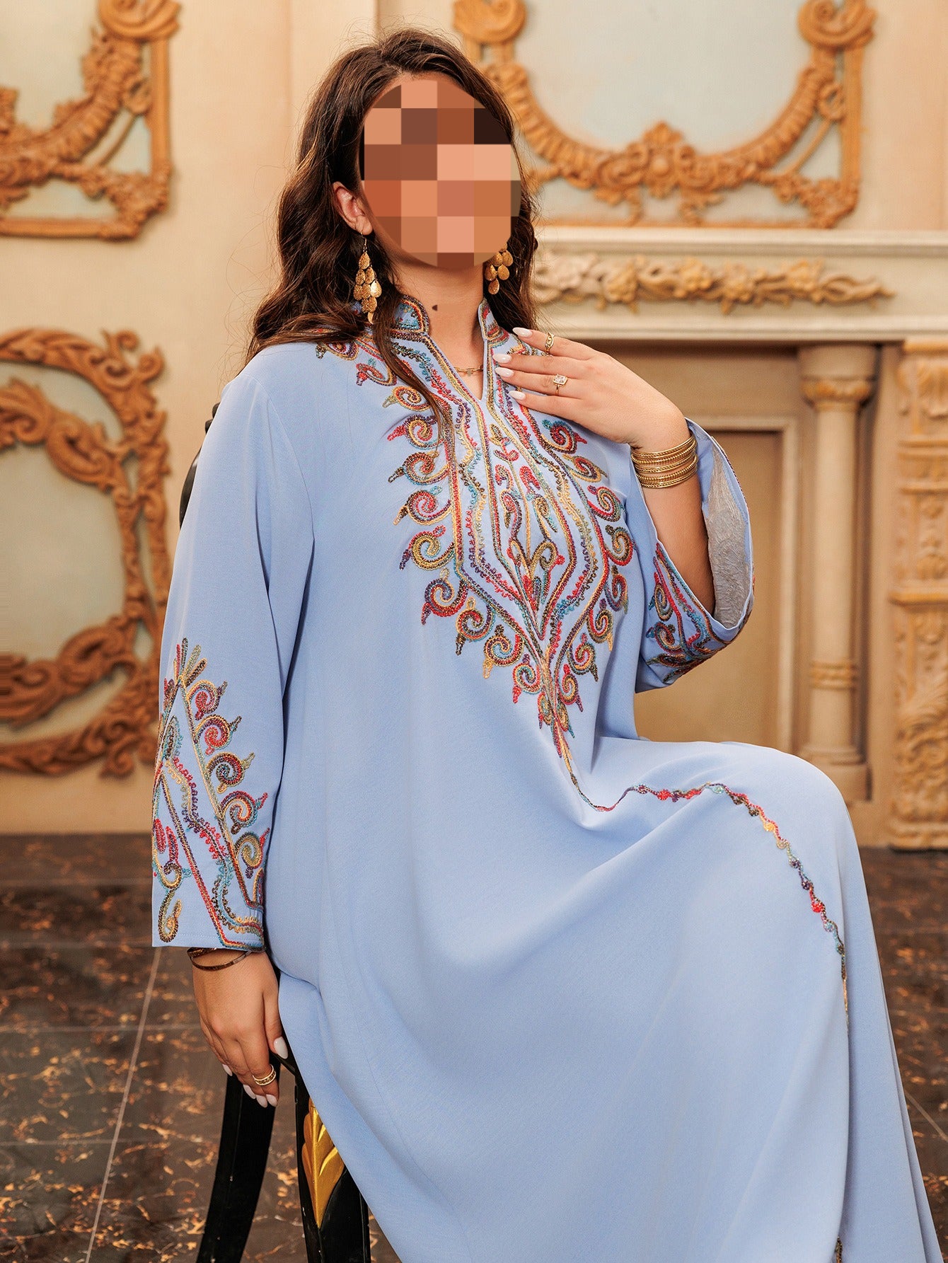 HS6669 Pullover Embroidered Robe Dress with Simple Long Sleeves