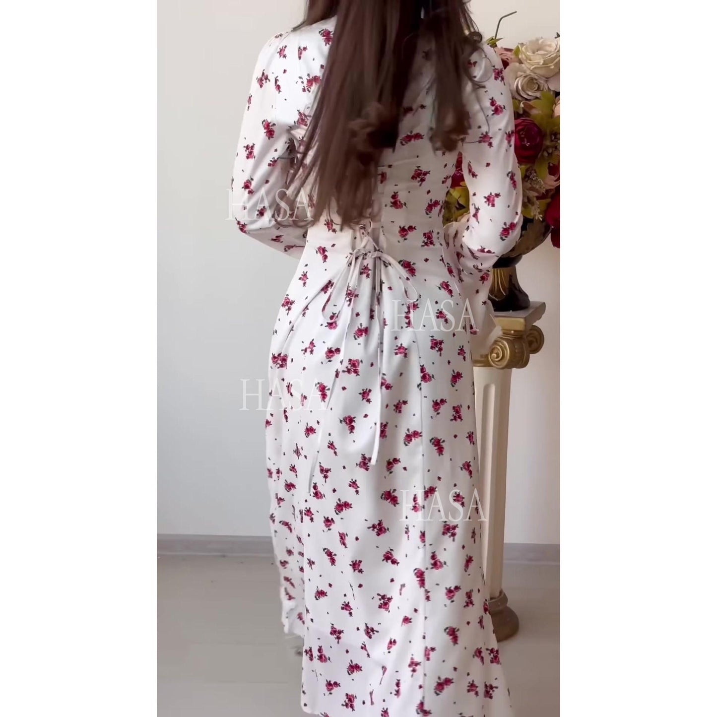 HS6744 Chic White Floral Long Dress Flare Sleeve Maxi Dress
