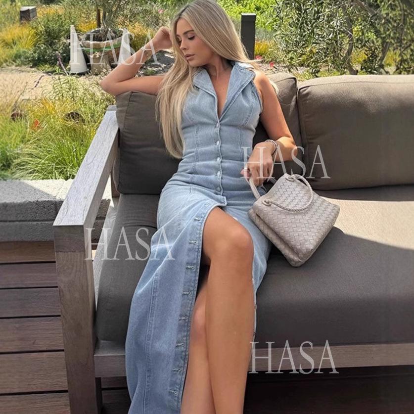 HASA HS6775 Elegant V Neck Button Front Denim Dress