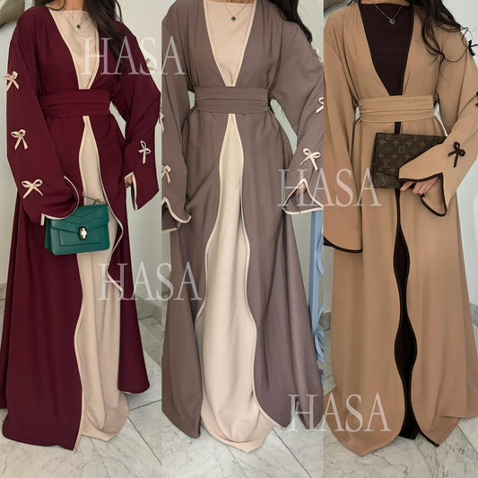 HS5862 Elegant Wavy-edge Bow Robe (with Belt) for A Feminine Look