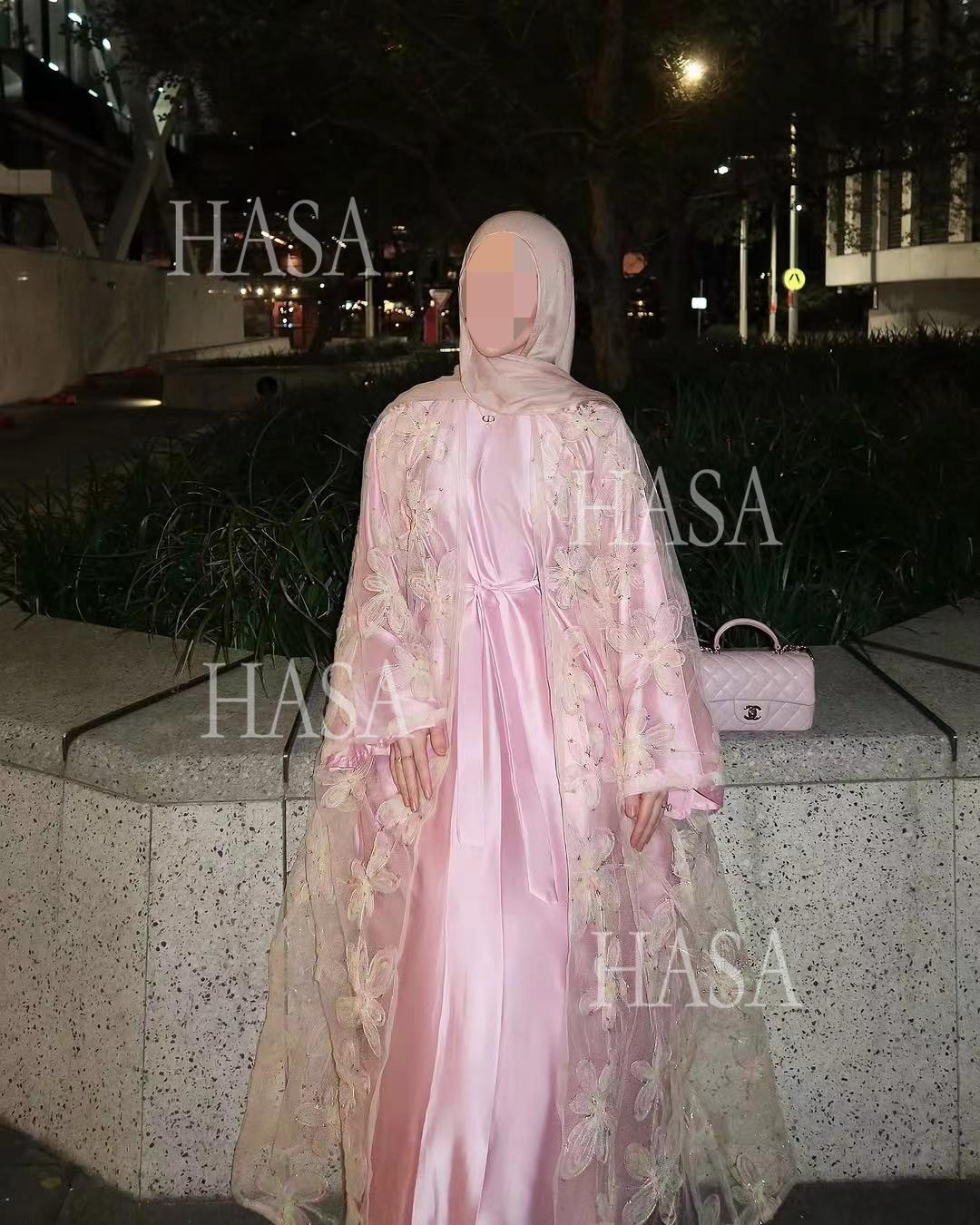 HS6516 Two-piece Maxi Dress with Embroidered Cardigan. Headscarf Not Included.