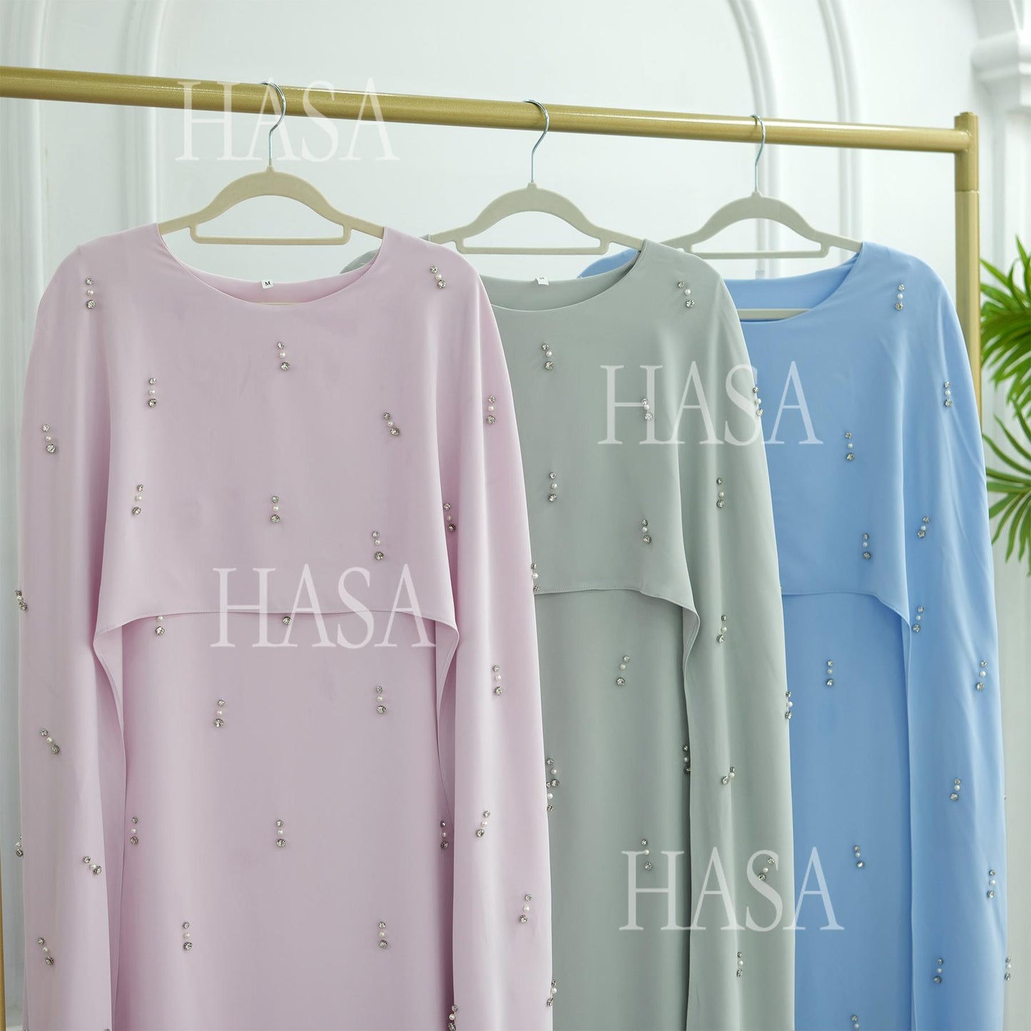 HS6505 Solid color beaded long dress with fake two-piece design