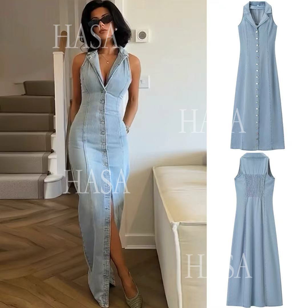 HASA HS6775 Elegant V Neck Button Front Denim Dress