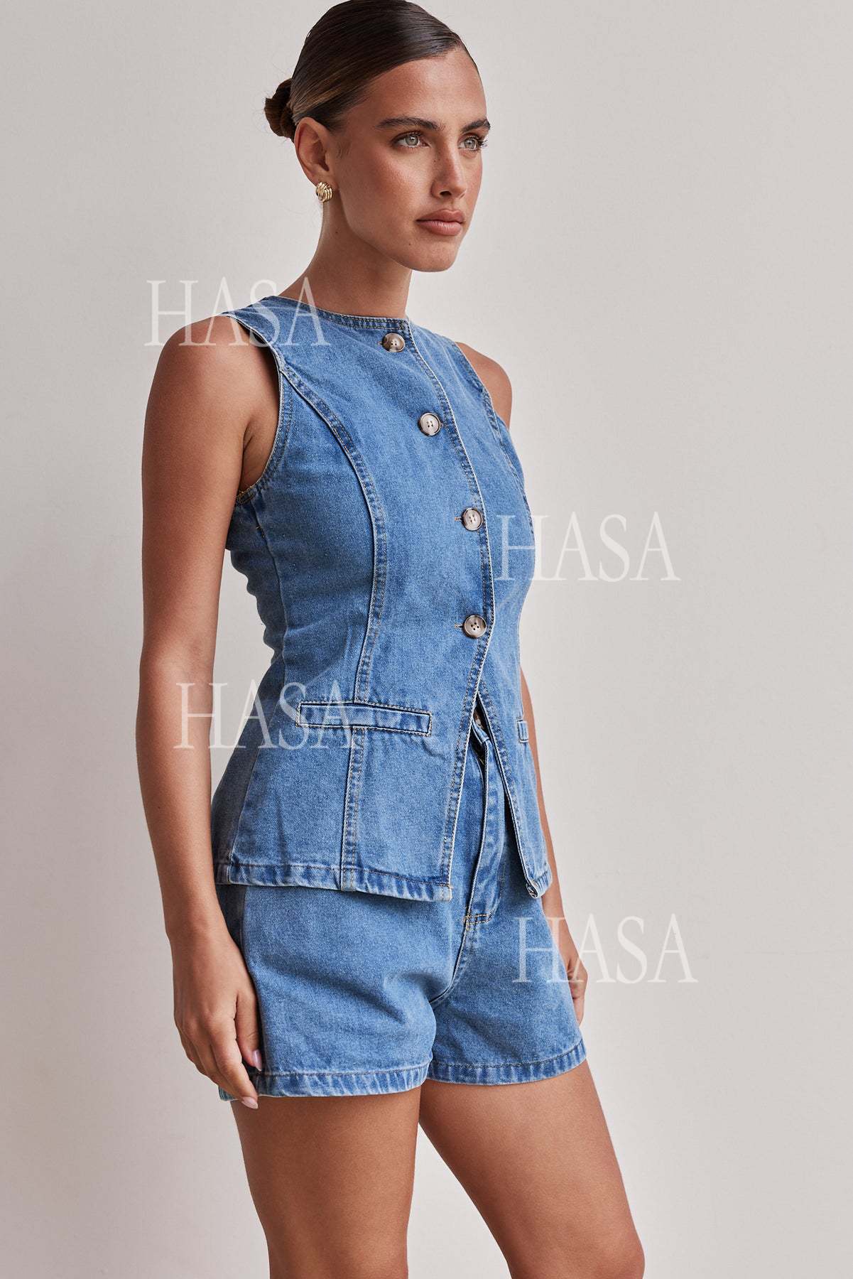 HASA HS6097 Women’s Button Front Denim Top with Matching Shorts