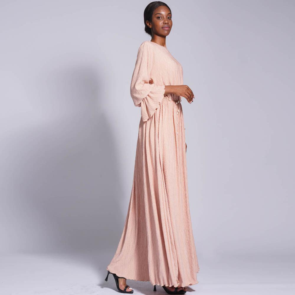 HS0434 Robe longue froissée extensible pour femmes musulmanes, couleur unie, manches cloches