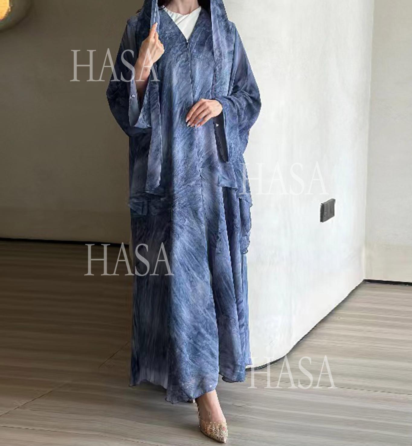 HS6551 Printed Abaya Cardigan with Matching Scarf Two-Piece Set