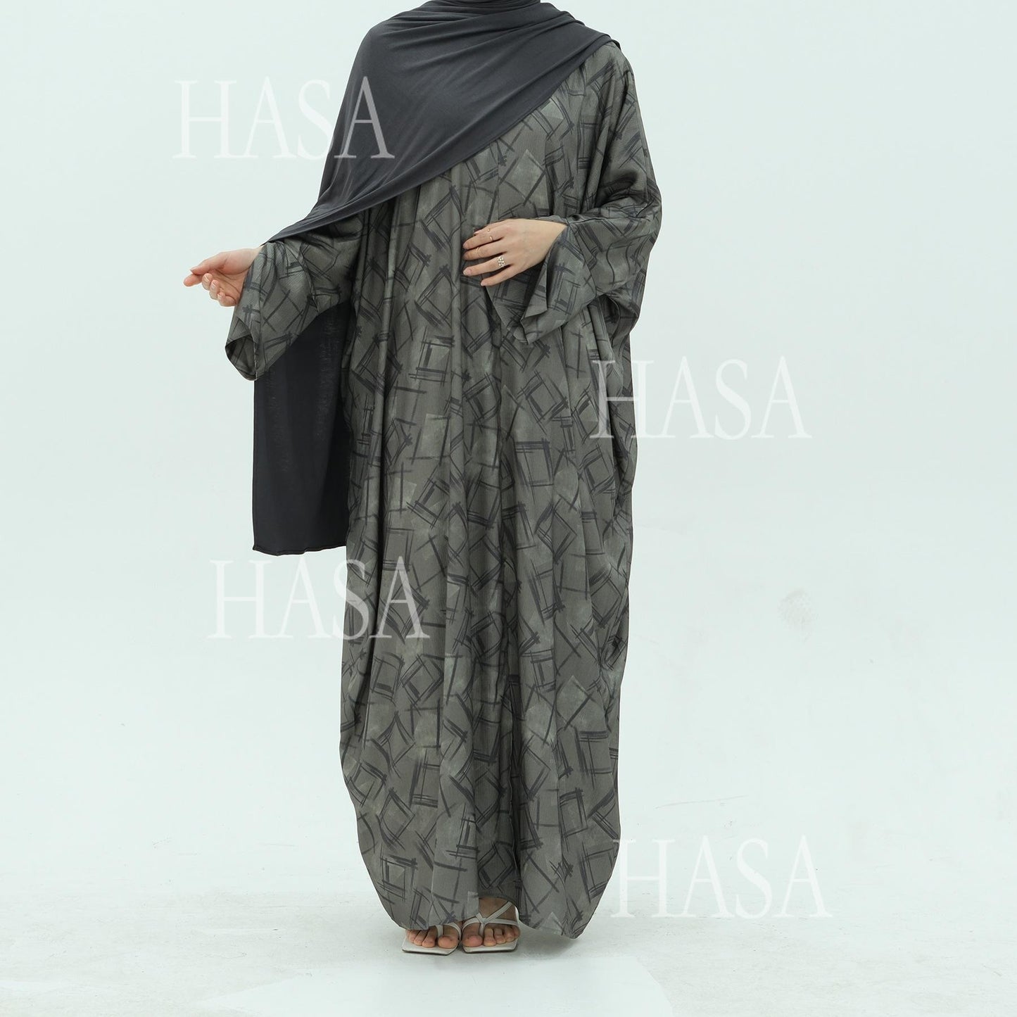 HS6504 Grey geometric print long cardigan Abaya (headscarf not included)