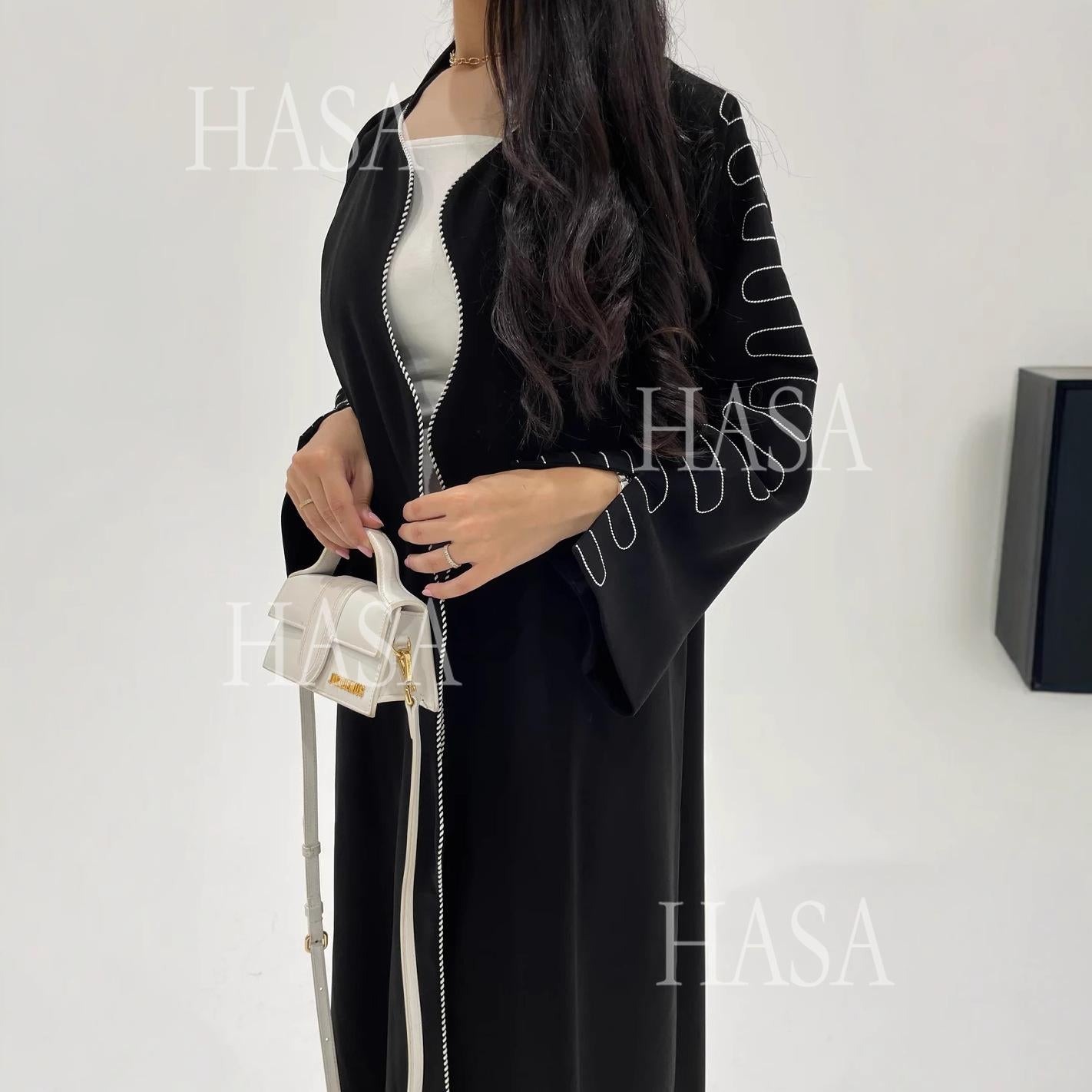 HASA's Series HS6582 Abaya Women's Long Embroidered Cardigan Jacket with Wavy Edges