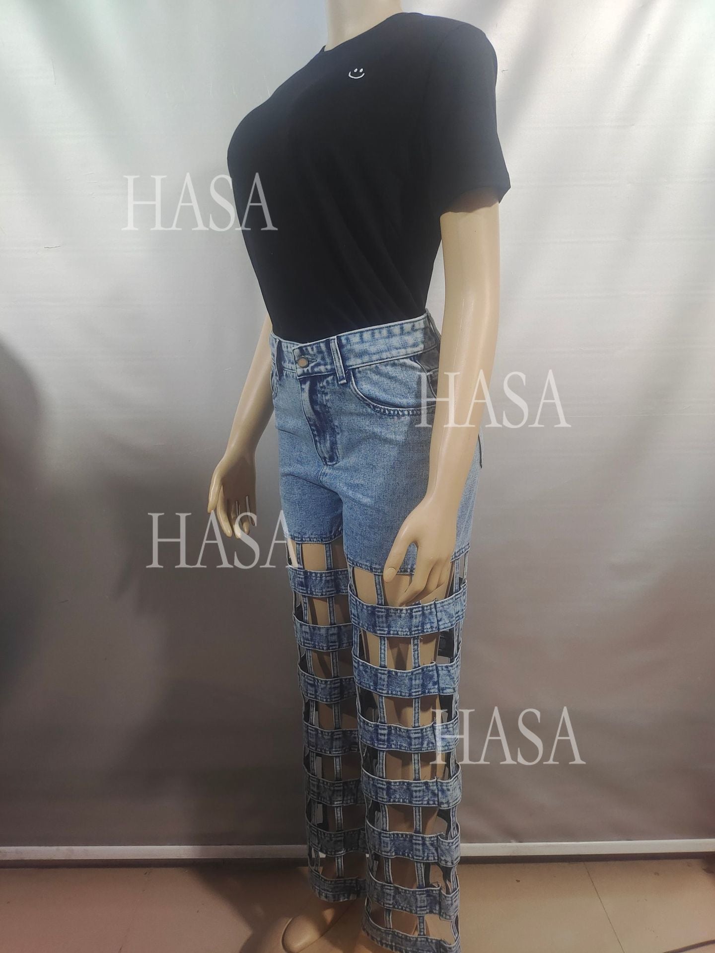 HASA HS6778 Statement High Waist Denim Pants with Cutout Leg Detail