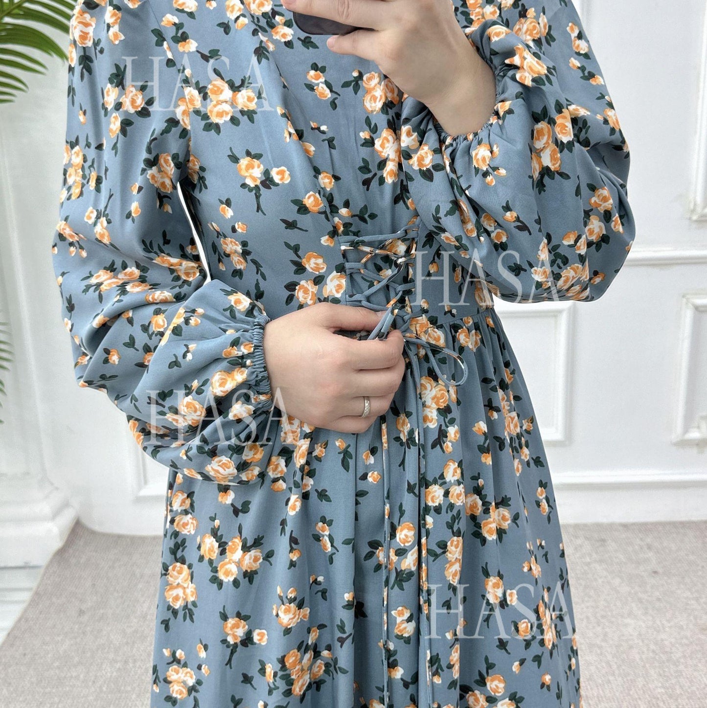 HS6489 Long-sleeved Floral Maxi Dress with Natural Waist