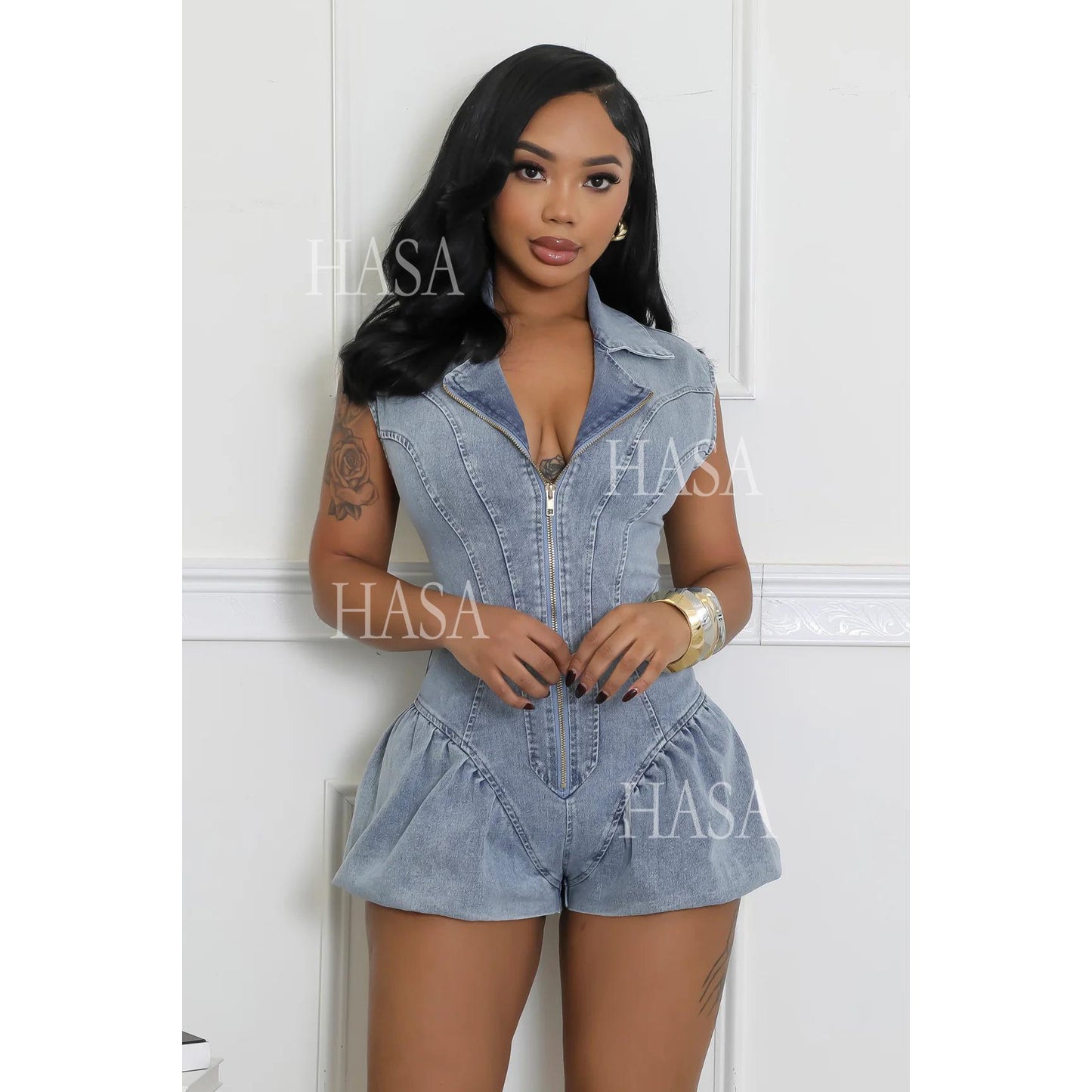 HASA HS6296 Bold Collared Denim Romper with Flattering Waist Detail