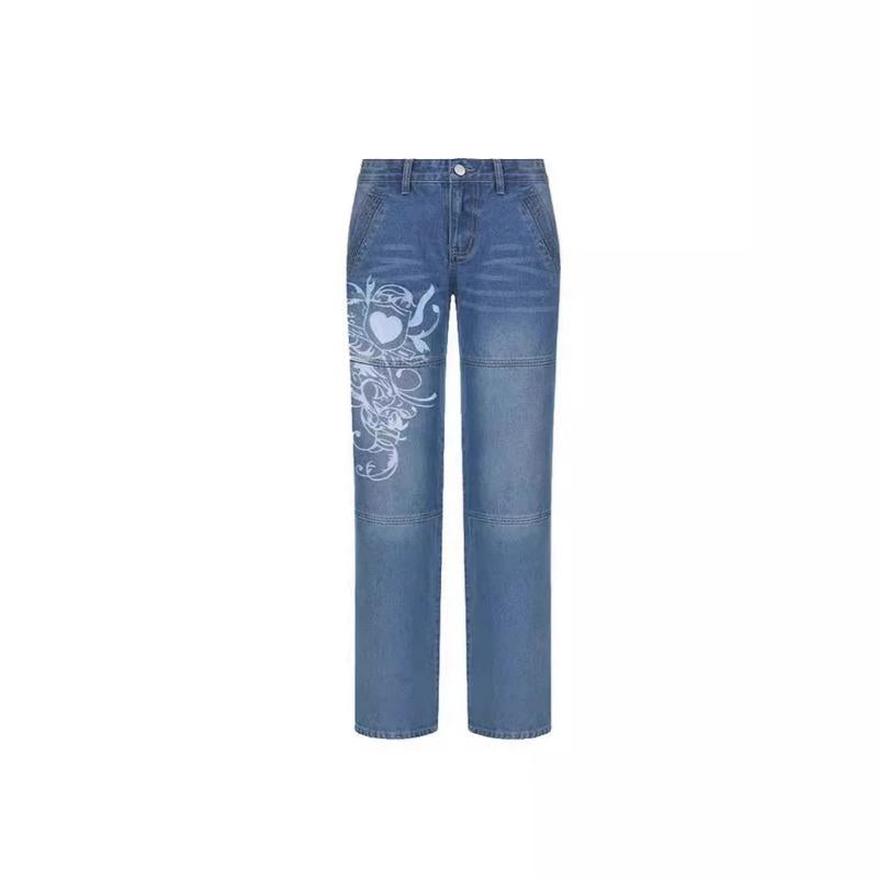 HS6382 Street Style Women's Clothing Irregular Printing Loose Trousers Low Waist Folds Washed for Old Multi-colored Jeans