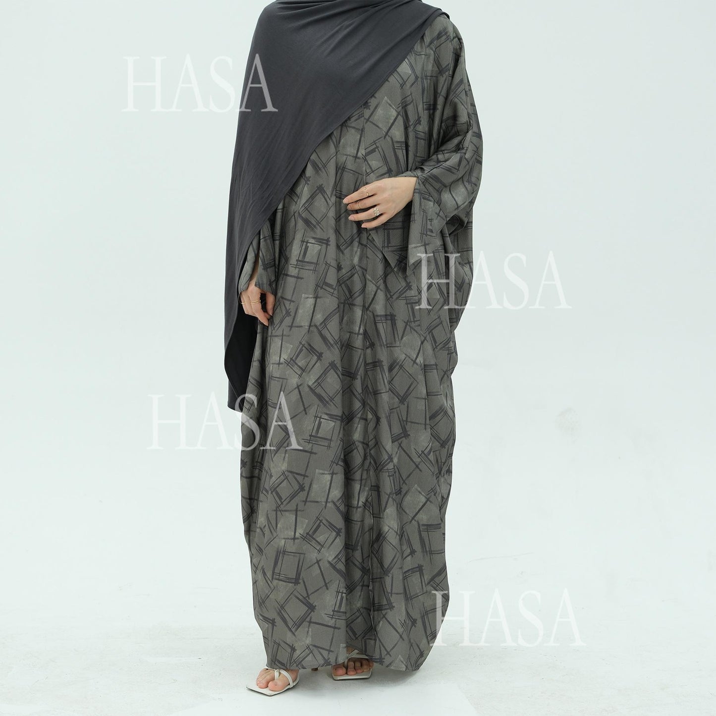 HS6504 Grey geometric print long cardigan Abaya (headscarf not included)