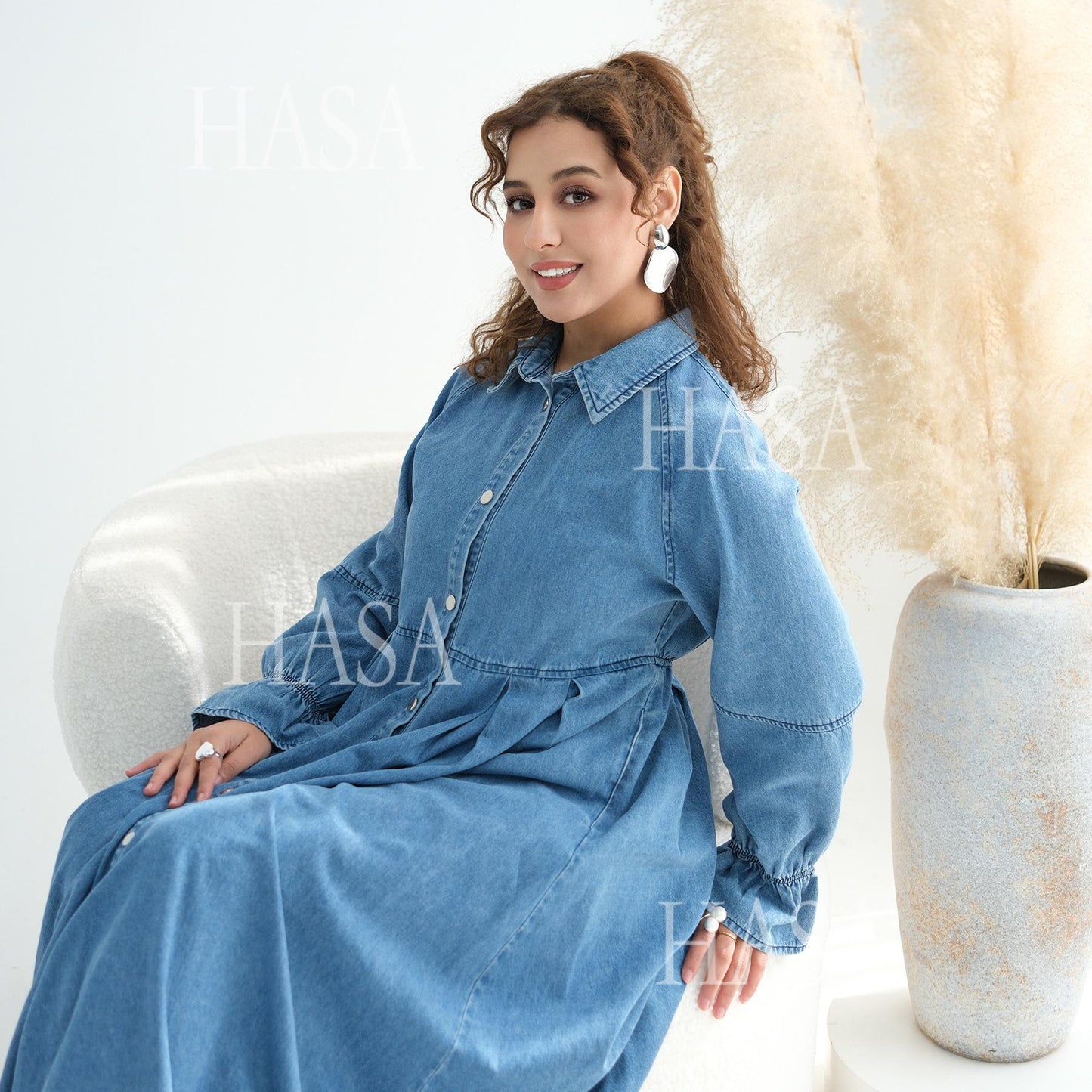 HASA HS6806 Chic Button Front Denim Maxi Dress