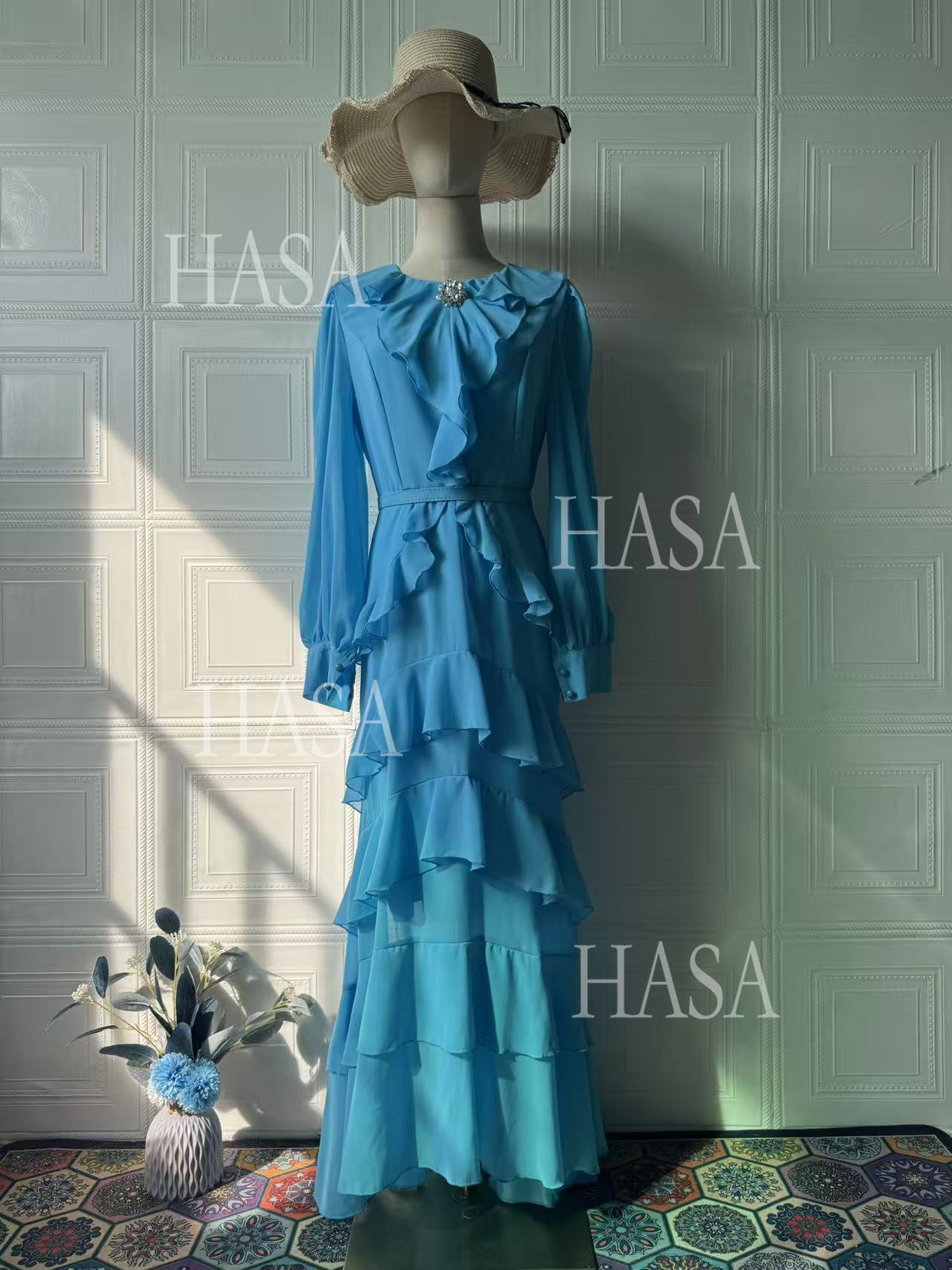 HS6733 Flowy Elegant Maxi Dress with Cascading Ruffles