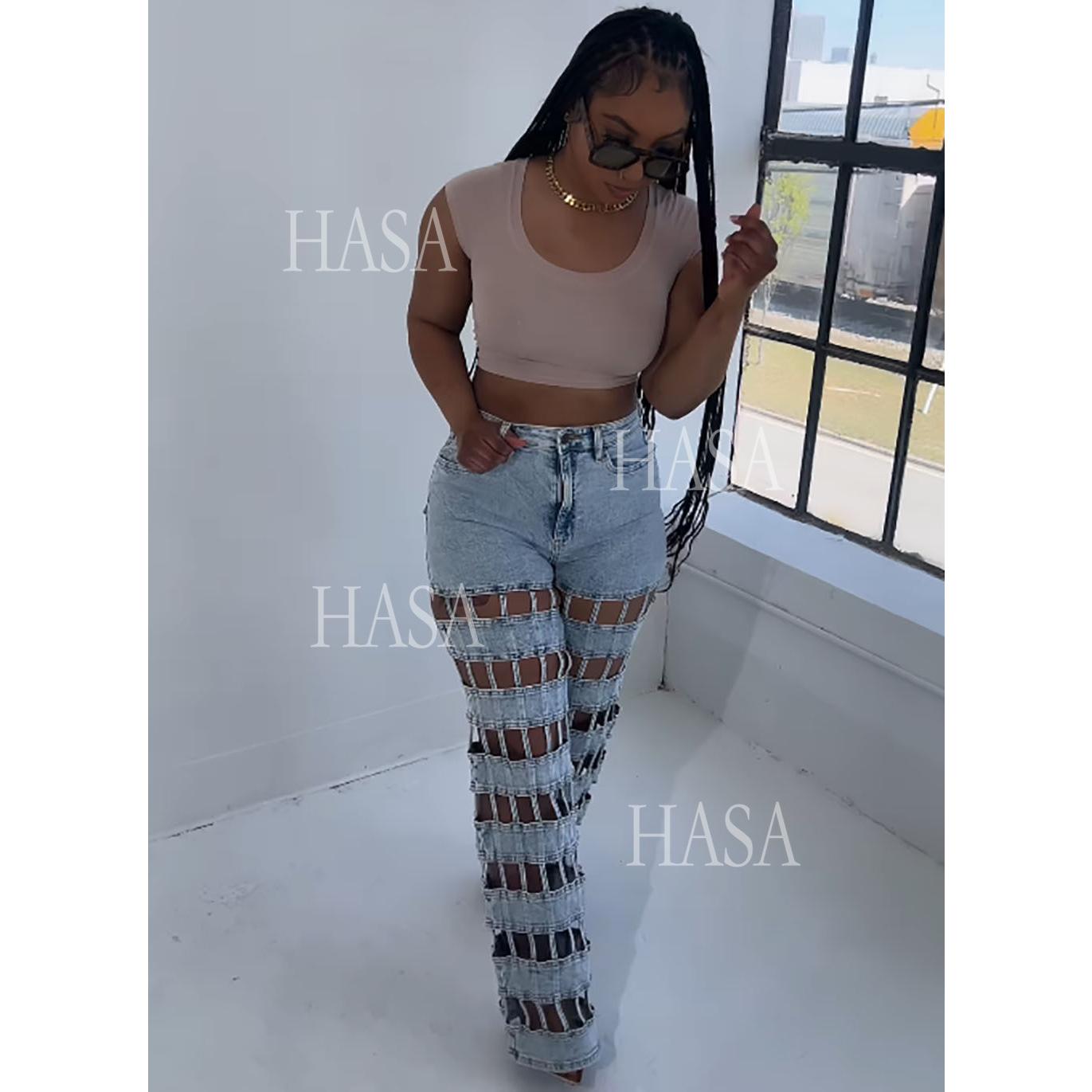 HASA HS6778 Statement High Waist Denim Pants with Cutout Leg Detail