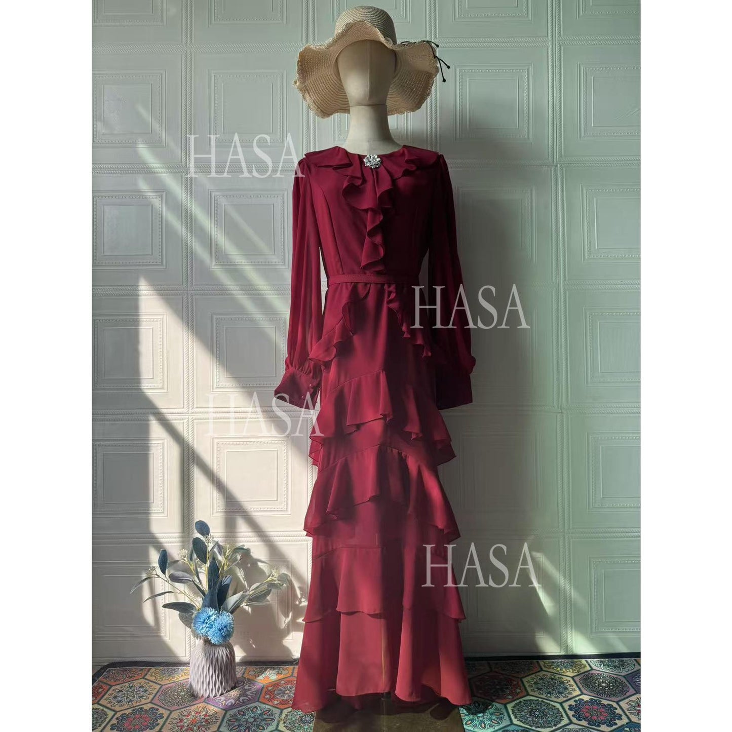 HS6733 Flowy Elegant Maxi Dress with Cascading Ruffles