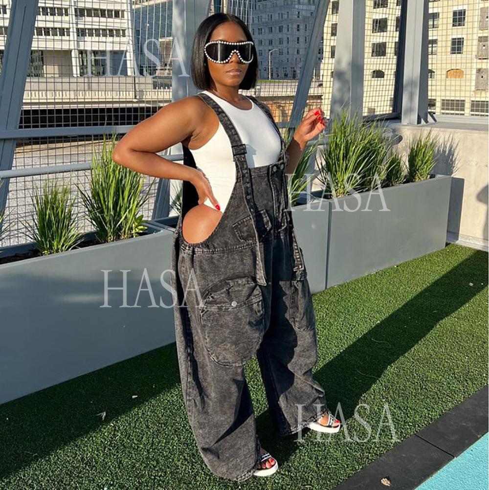HASA HS4518 Bold Streetwear Split Leg Denim Jumpsuit Pants