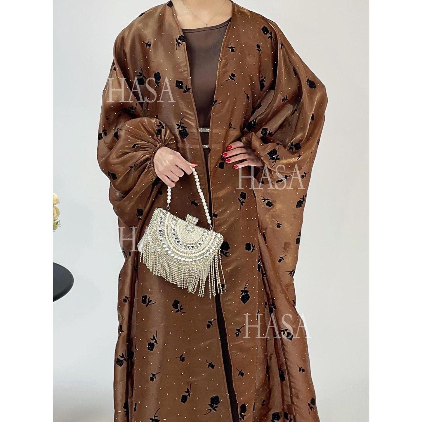 HS6536 Elegant Rose Pattern Abaya Outer Dress Set