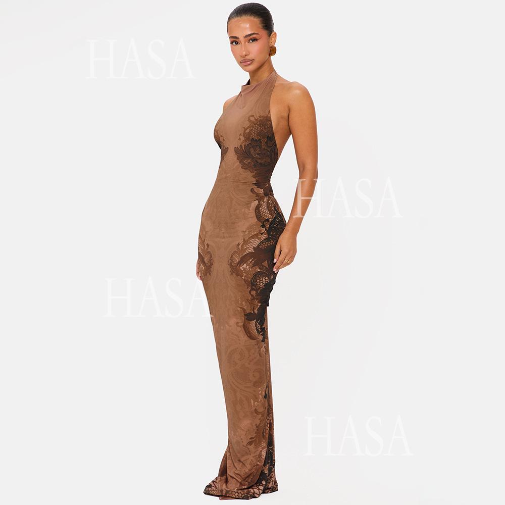 HASA HS6768 Elegant Open Back Slim Fit Maxi Dress