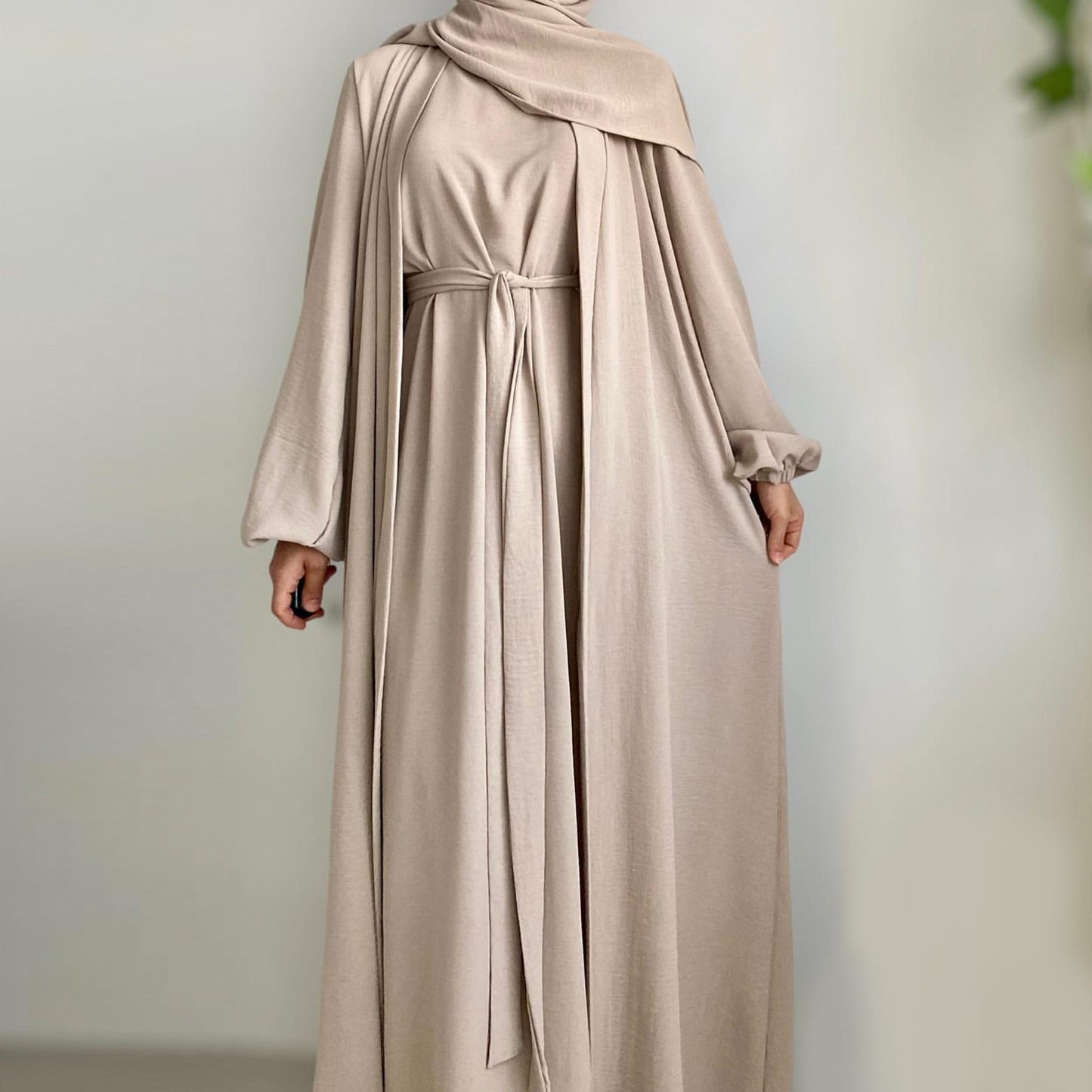 HASASERIES HS0995 3pcs Cardigan+without  Sleeves Inner Dress+Hijab