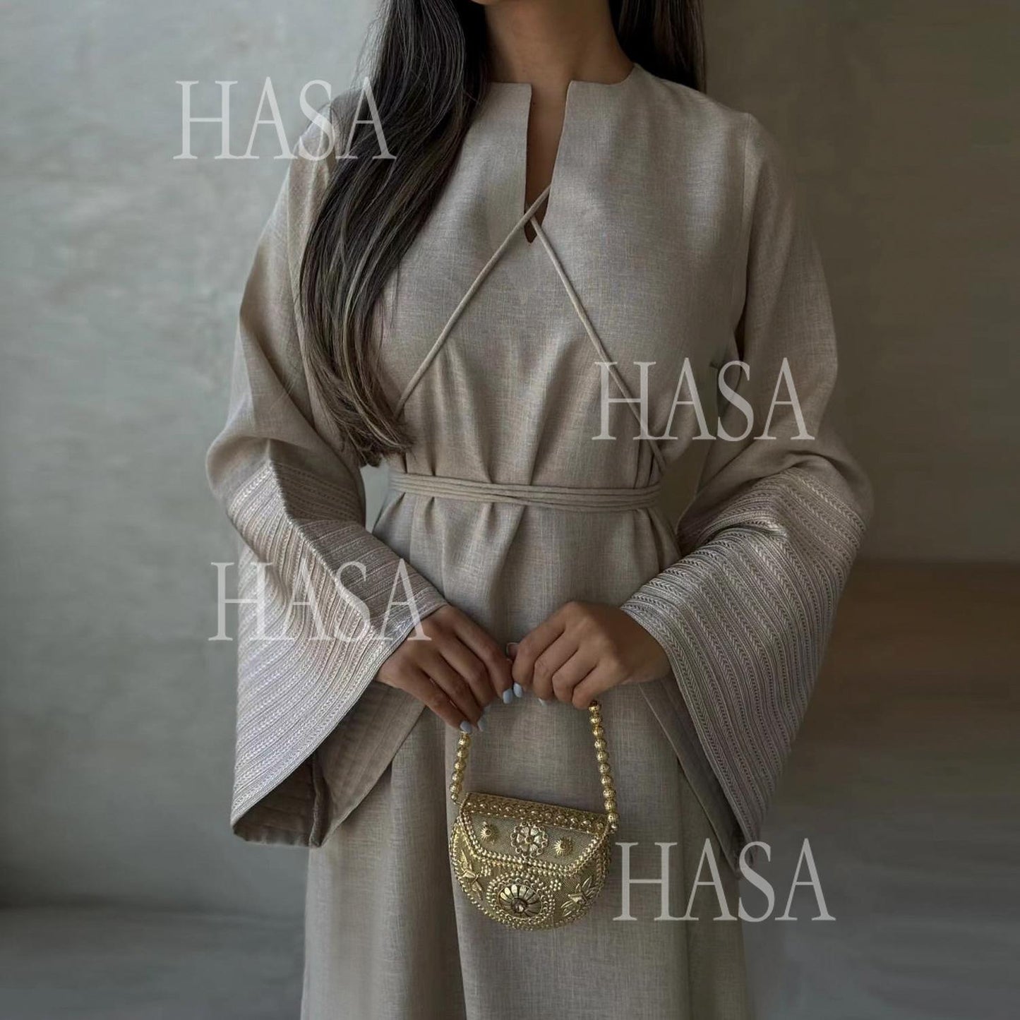 HS6490 Embroidered Panel Sleeve Long Dress