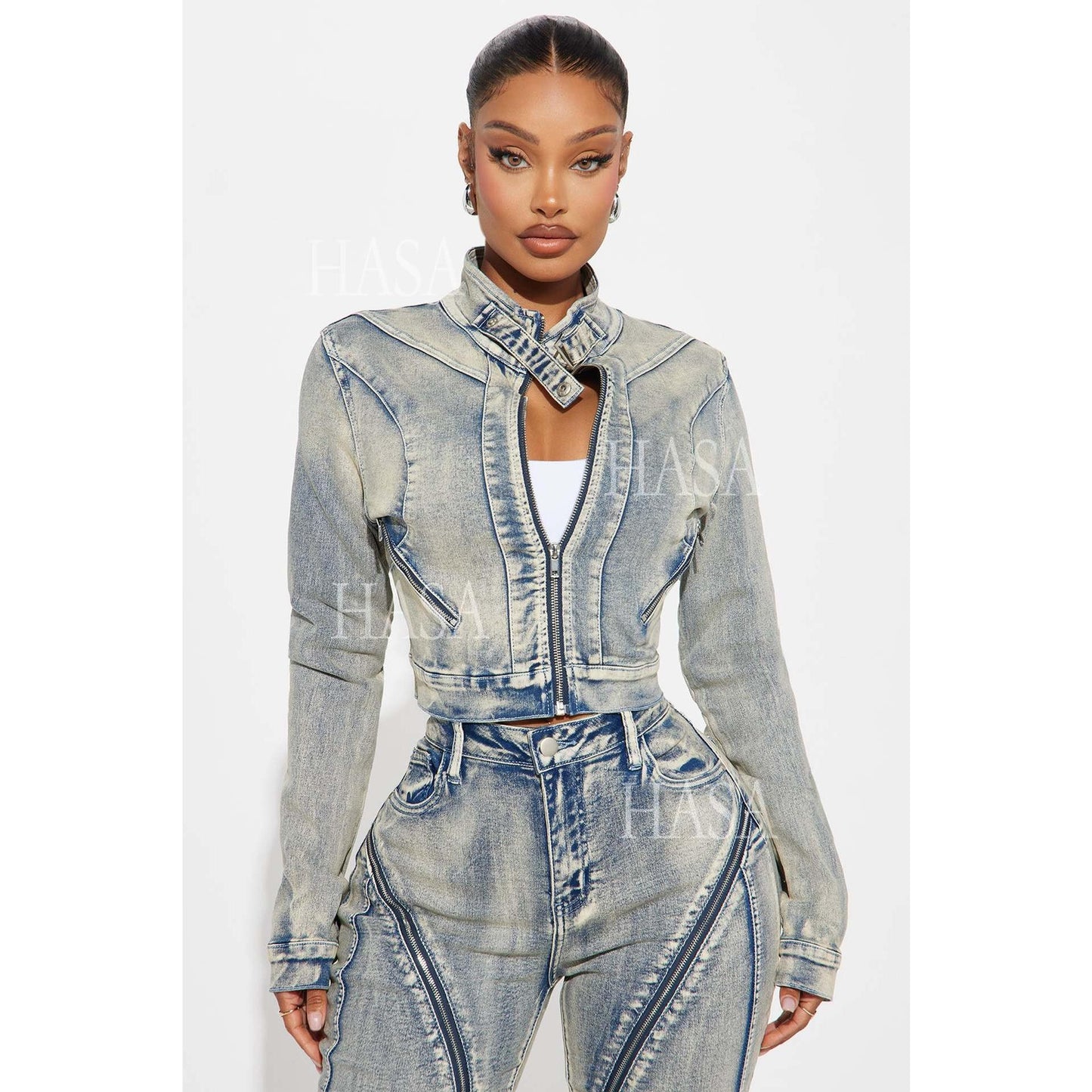 HASA HS6291 Statement Washed Denim Two Piece Outfit with Zip Jacket Detail