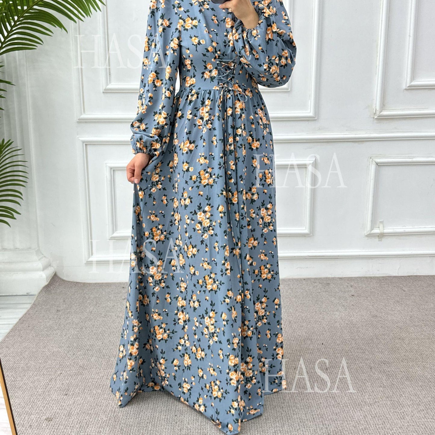 HS6489 Long-sleeved Floral Maxi Dress with Natural Waist