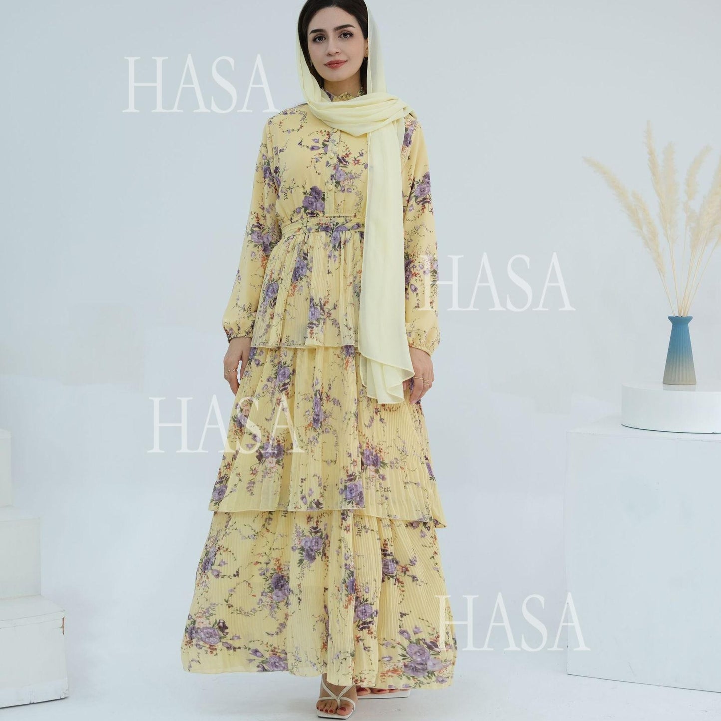 HS6500  Romantic Layered Print Long Dress