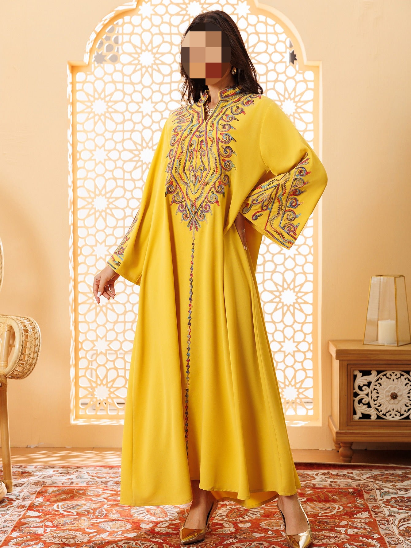 HS6669 Pullover Embroidered Robe Dress with Simple Long Sleeves
