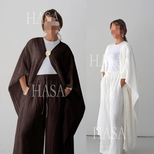 HS6486 Simple Cardigan with Wide-leg Pants, Solid Color Daily Two-piece Suit