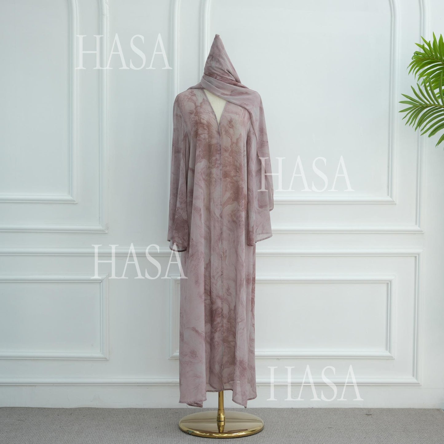 HS6551 Printed Abaya Cardigan with Matching Scarf Two-Piece Set