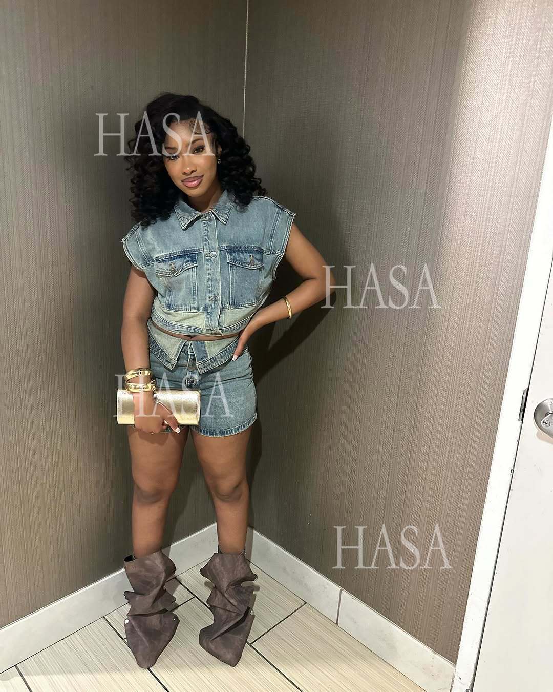 HASA HS6275 Cool Streetwear Denim Two Piece Shorts Set with Cropped Top