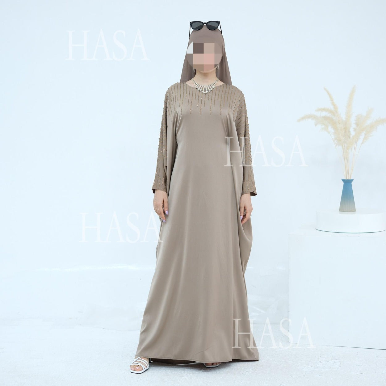 HS6610 Rhinestone-embellished long Abaya dress (headscarf not included)