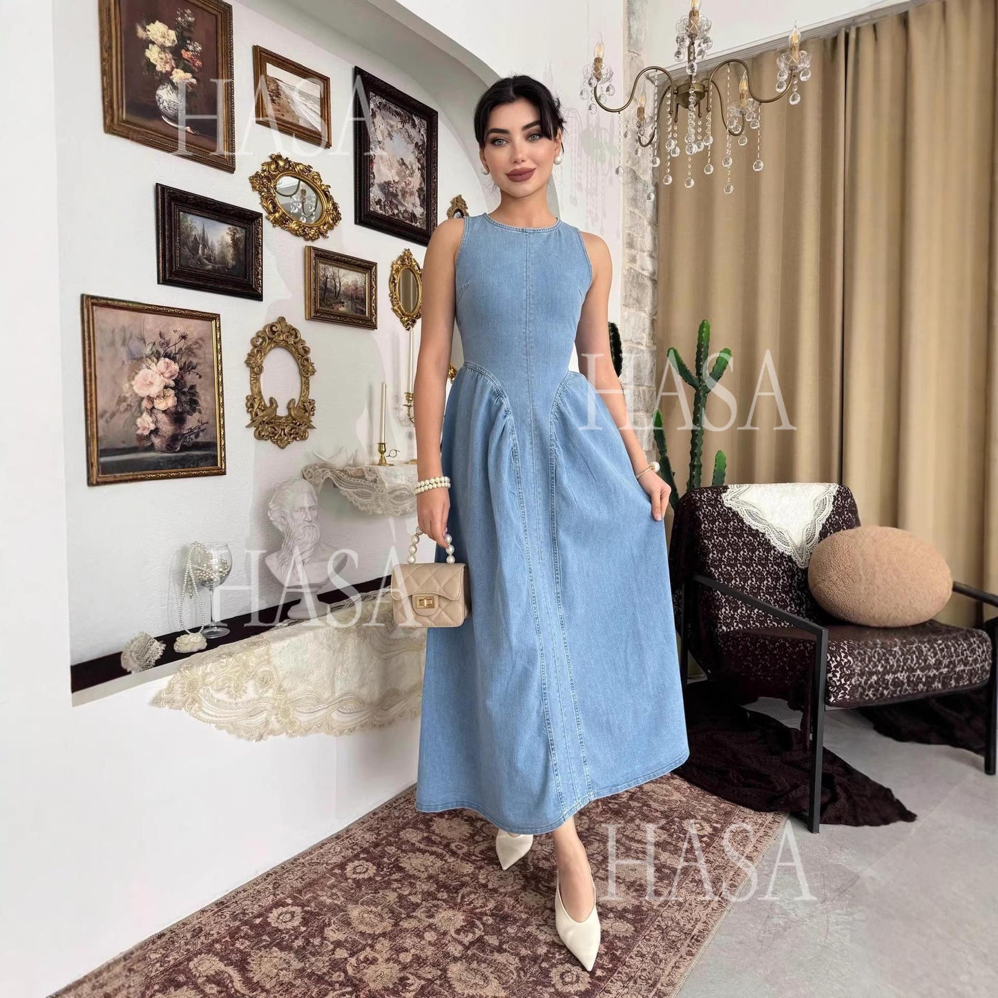 HASA HS6787 Vintage Inspired Light Blue Denim Dress with Full Skirt