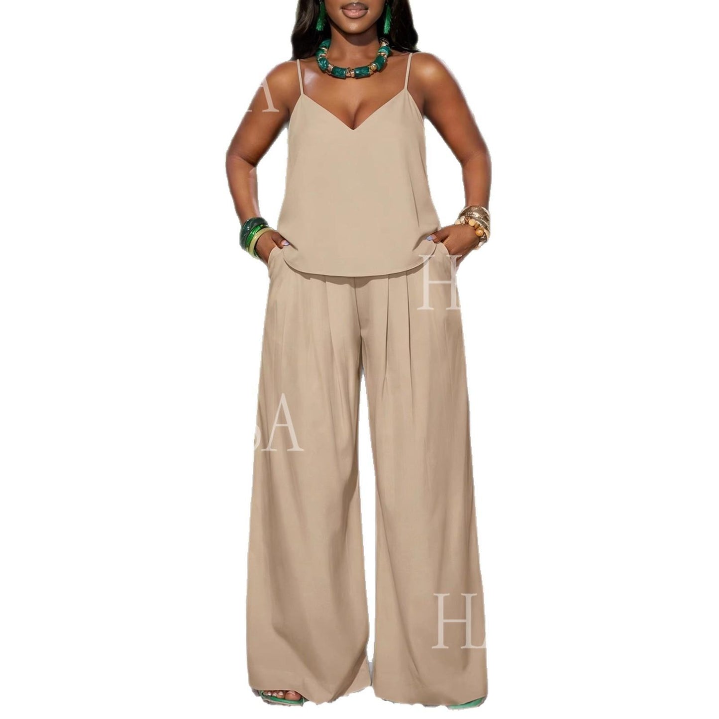 HASA HS6793 Soft Luxury Sleeveless Top and Flowy Pants Outfit