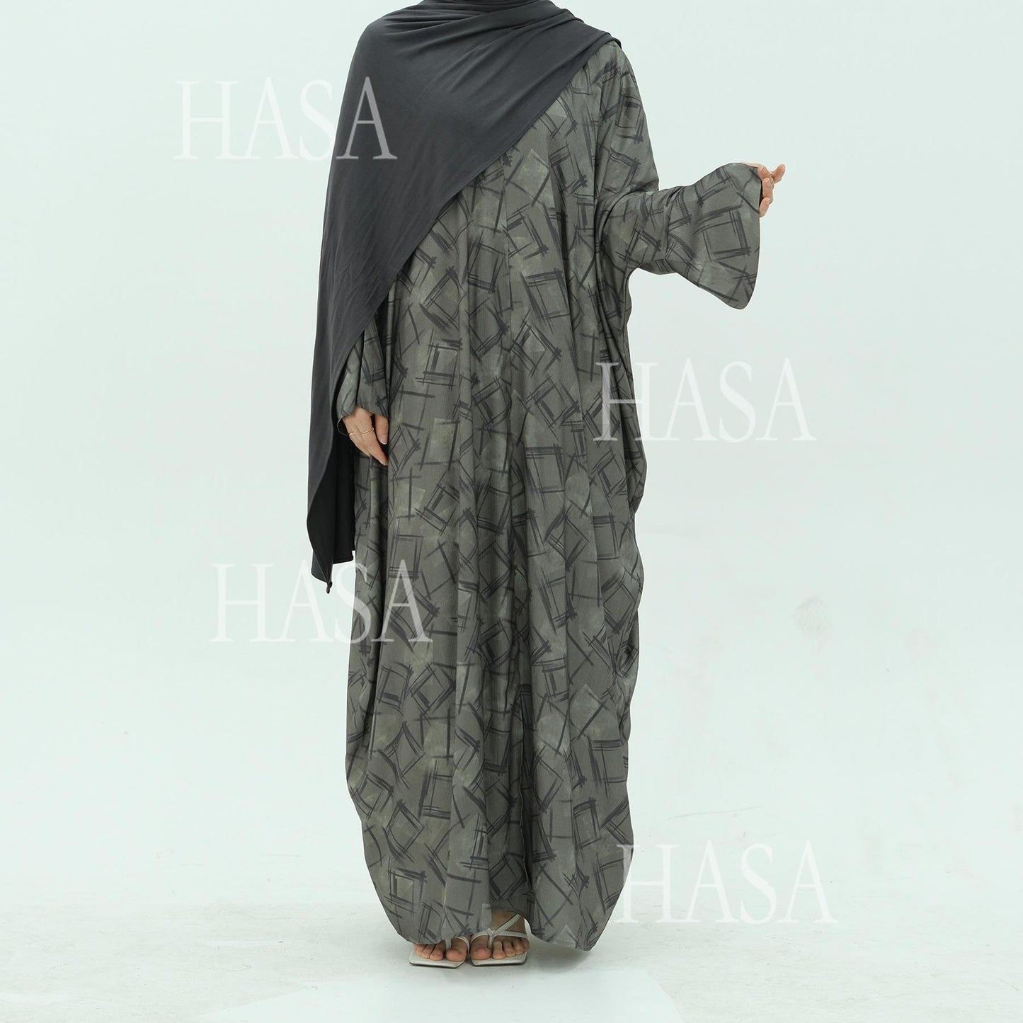 HS6504 Grey geometric print long cardigan Abaya (headscarf not included)
