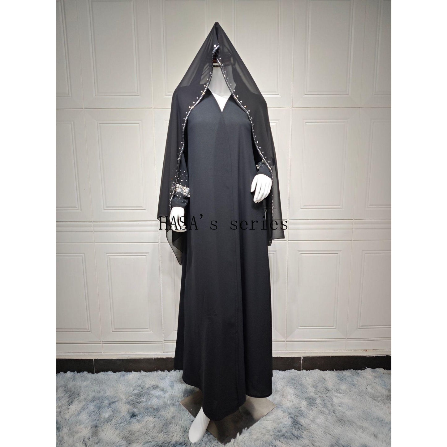 HS5097 Elegant Black Rhinestone-embellished Gown, Two-piece Beaded Set with Headscarf.