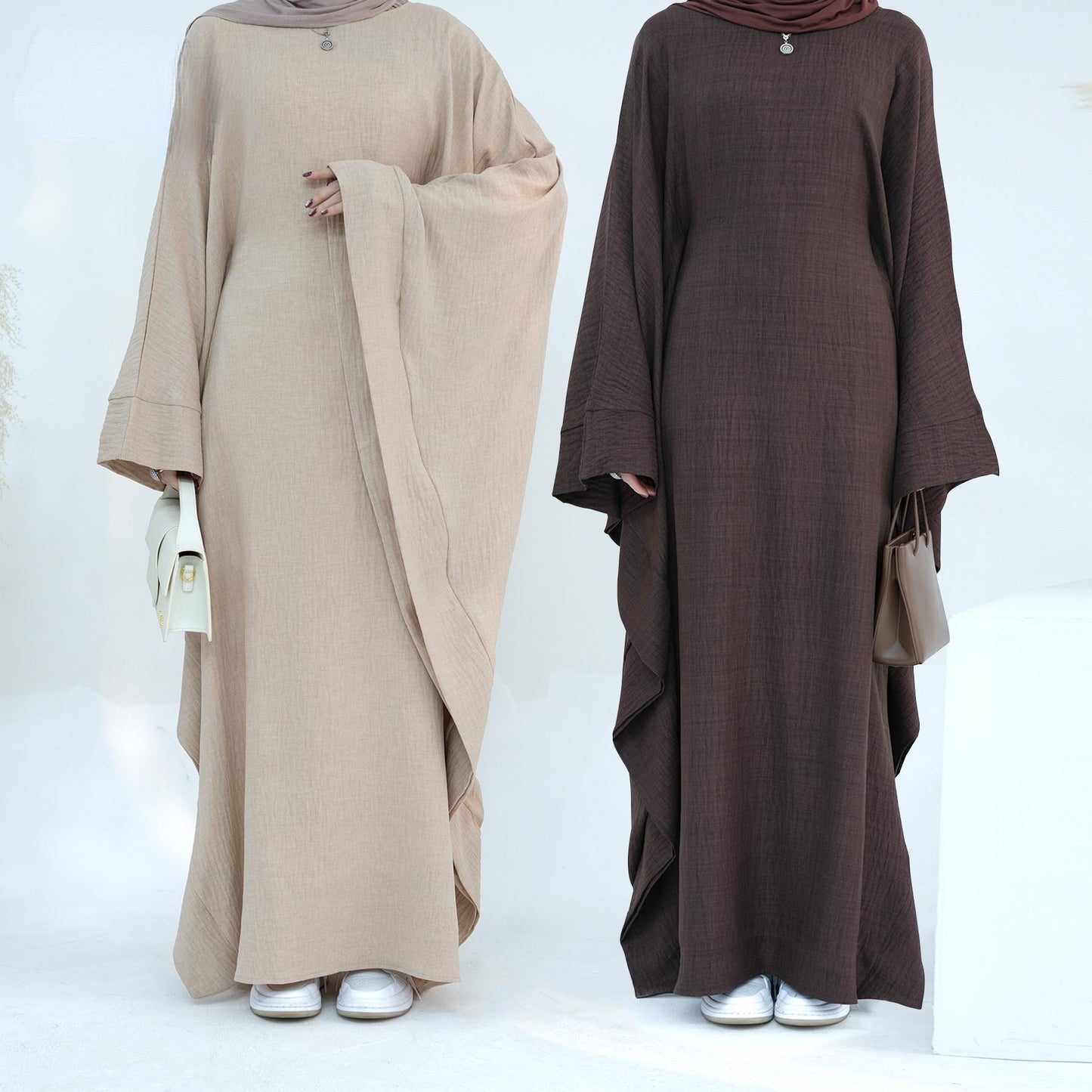 HASASERIES HS1177 Robe caftan en crêpe à manches chauve-souris avec ceinture intégrée