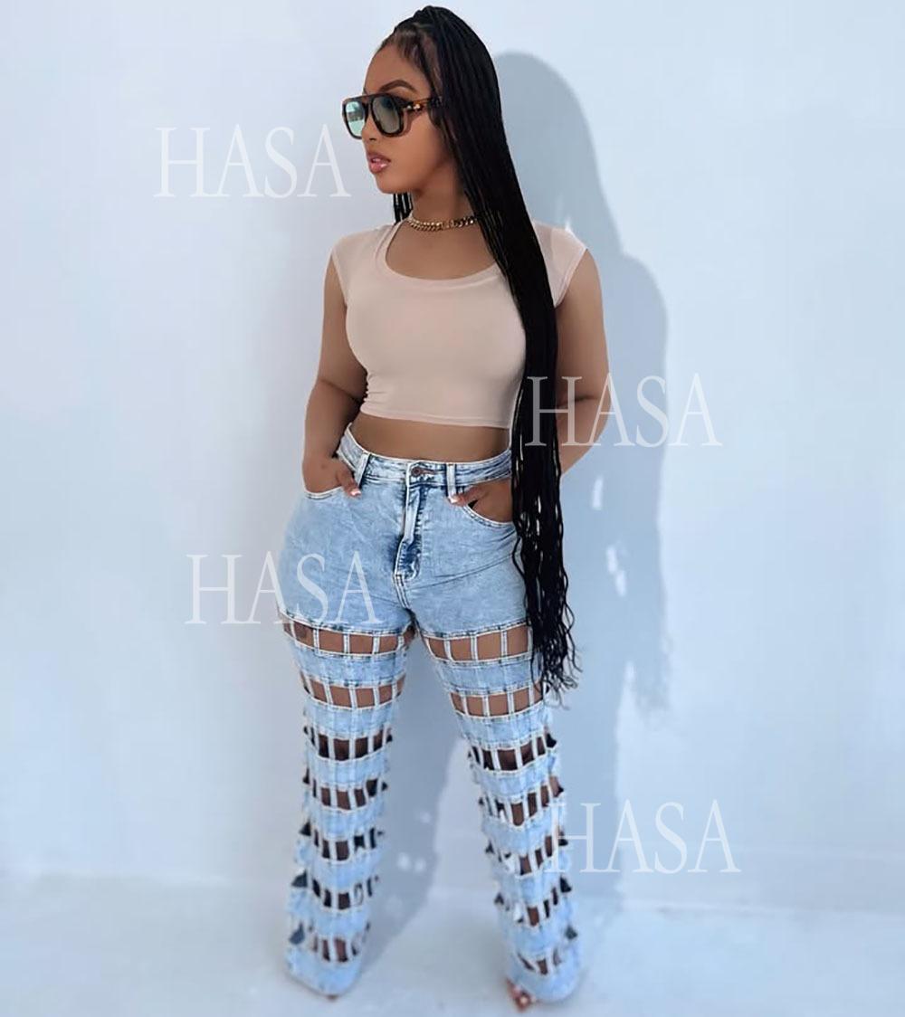 HASA HS6778 Statement High Waist Denim Pants with Cutout Leg Detail