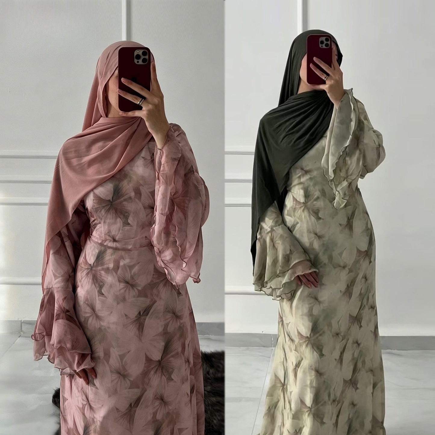HASA HS6811 Chiffon Floral Maxi Dress Flare Ruffle Sleeve Elegant Long Dress for Women Daily Party Wear