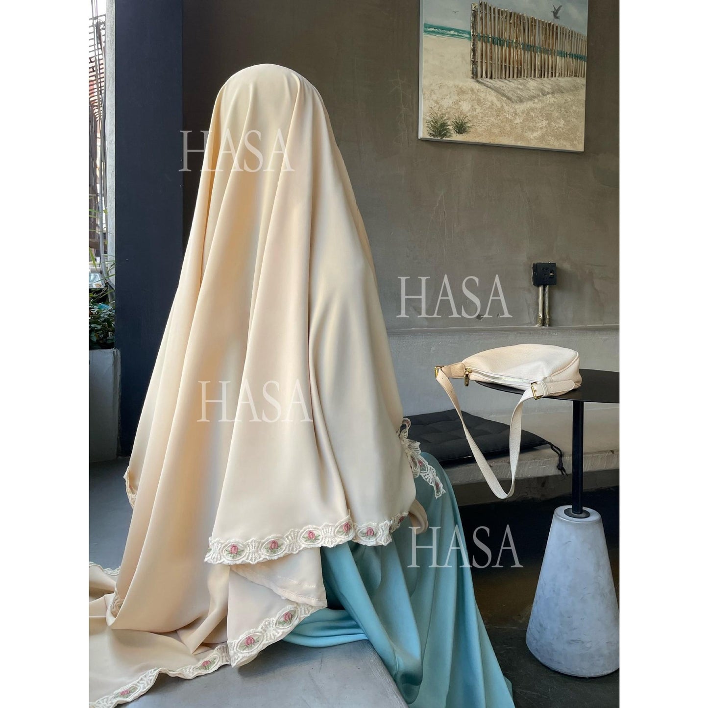 HS6569 Bow-decorated Solid Color Single-layer Headscarf with Three-layer Embroidery