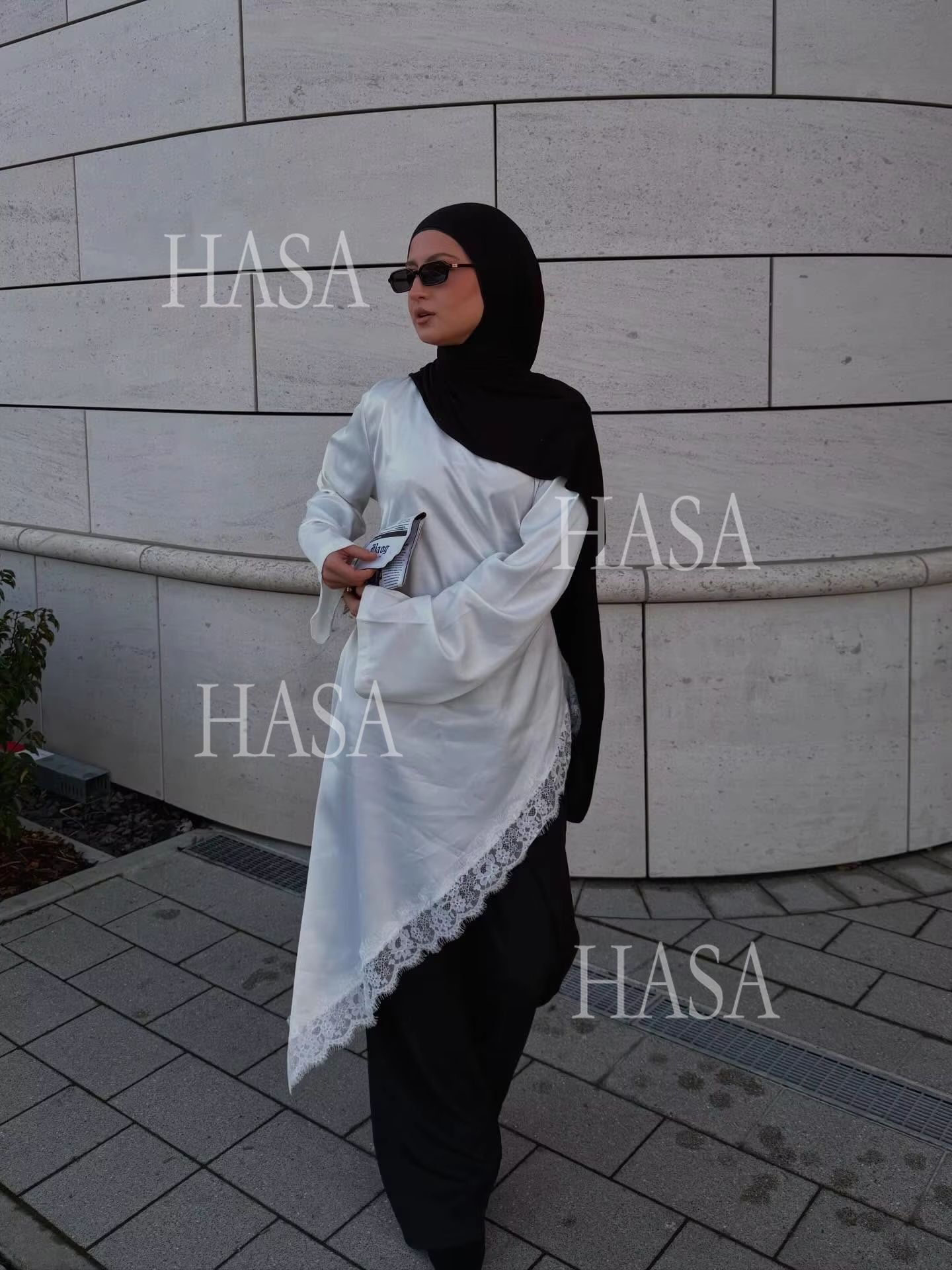 HASA HS6784 Soft Luxury Asymmetric Modest Top with Lace Detail