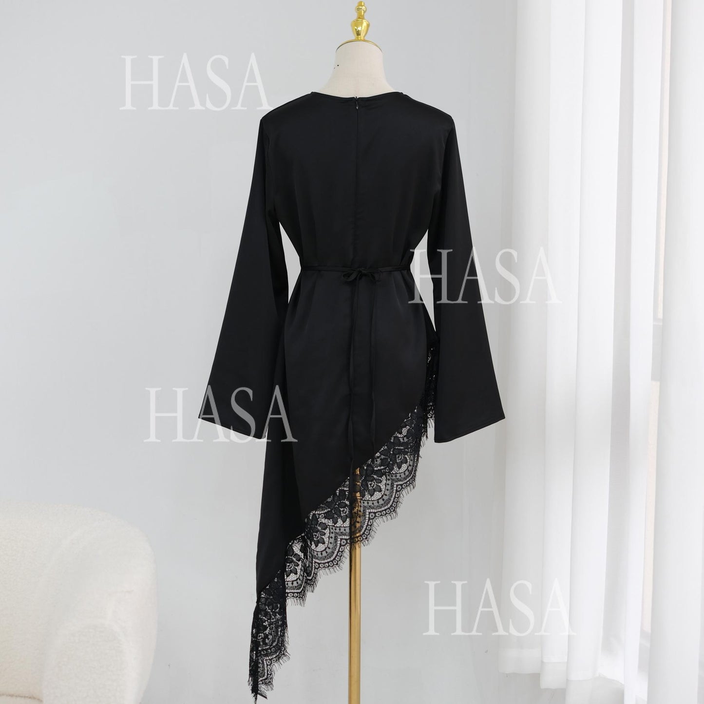 HASA HS6784 Soft Luxury Asymmetric Modest Top with Lace Detail