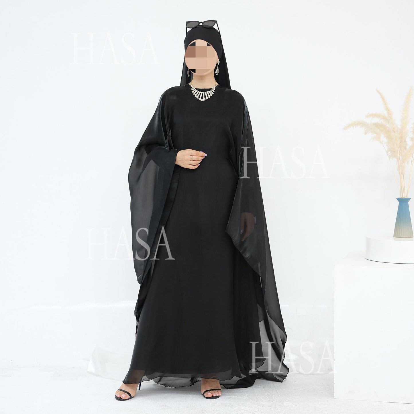 HS6524 Elegant two-piece solid-color robe and dress with optional headscarf