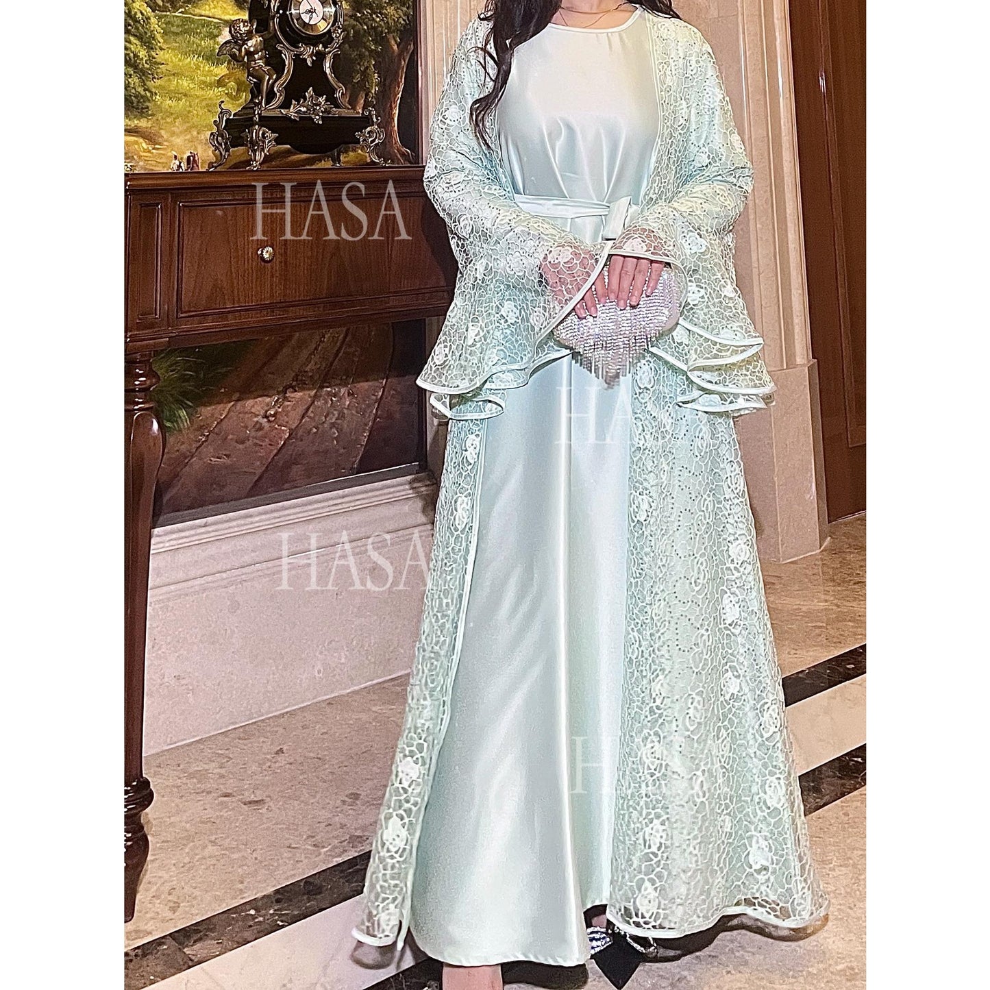 HS6488 Two-piece long dress with flared sleeves and lace sequined cape